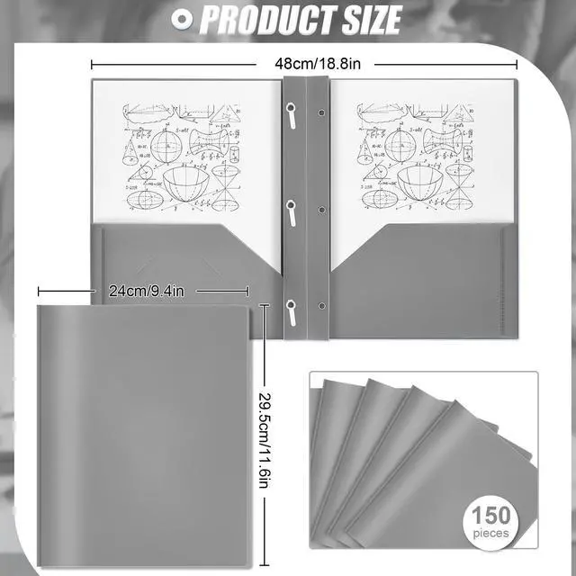 Alt view image 2 of 6 - 150 Pack Plastic Folders with Prongs Heavy Duty Plastic 2 Pocket Folder with 3 Prongs, Business Card Slot for Back to School Office Home 11.6 x 9.5 Inch (Grey)