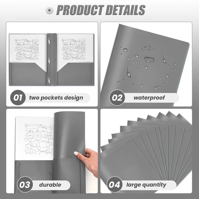 Alt view image 3 of 6 - 150 Pack Plastic Folders with Prongs Heavy Duty Plastic 2 Pocket Folder with 3 Prongs, Business Card Slot for Back to School Office Home 11.6 x 9.5 Inch (Grey)