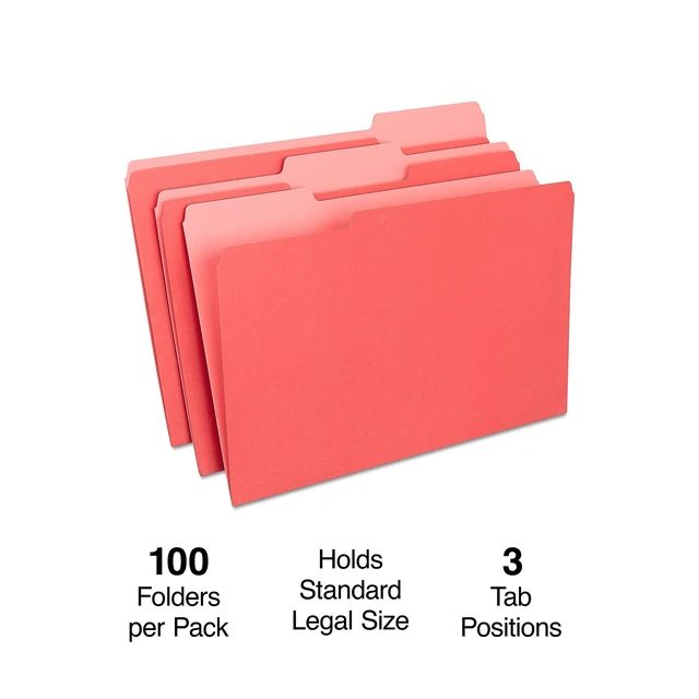Alt view image 2 of 4 - File Folders, Legal Size, 1/3-Cut Tabs, Red, 200/Carton Durable paper stock for everyday legal-size document organization