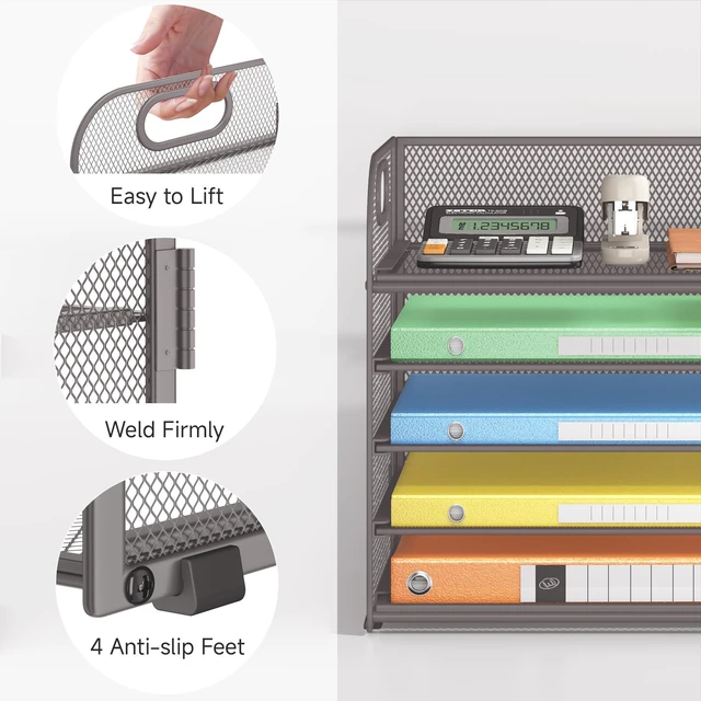 Alt view image 3 of 6 - 5 Tray Desk File Organizer, Mesh Paper Sorter Letter Tray Organizer with Handle, Desktop File Organizer and Storage for Letter/A4 Office File Folder- Grey