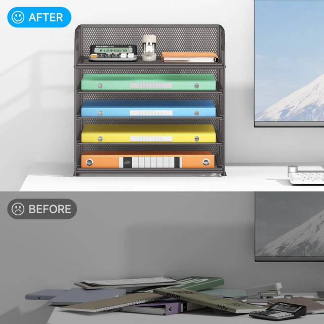 Alt view image 4 of 6 - 5 Tray Desk File Organizer, Mesh Paper Sorter Letter Tray Organizer with Handle, Desktop File Organizer and Storage for Letter/A4 Office File Folder- Grey