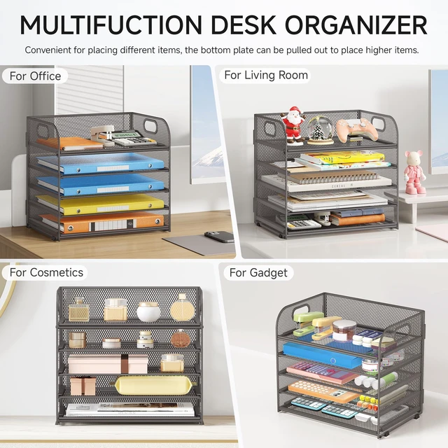 Alt view image 5 of 6 - 5 Tray Desk File Organizer, Mesh Paper Sorter Letter Tray Organizer with Handle, Desktop File Organizer and Storage for Letter/A4 Office File Folder- Grey