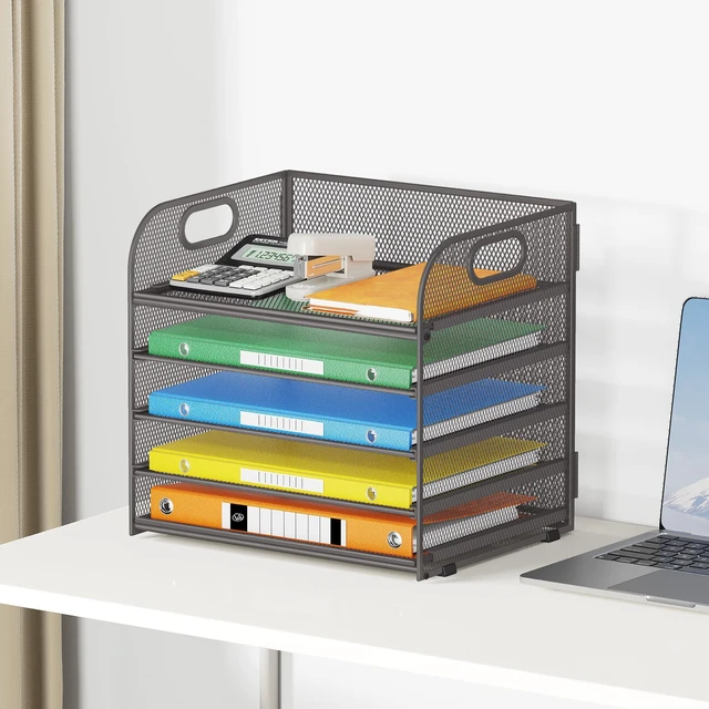 Alt view image 6 of 6 - 5 Tray Desk File Organizer, Mesh Paper Sorter Letter Tray Organizer with Handle, Desktop File Organizer and Storage for Letter/A4 Office File Folder- Grey