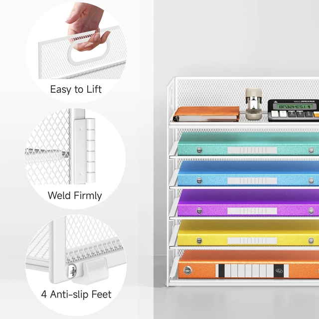 Alt view image 3 of 6 - 6 Tray Paper Organizer Letter Tray with Handle - Mesh Desk File Organizer, Paper Sorter Organizer for Office, Home or School File Folder Holder - White