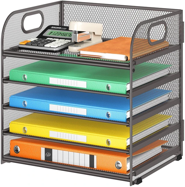 Main image of 5 Tray Desk File Organizer, Mesh Paper Sorter Letter Tray Organizer with Handle, Desktop File Organizer and Storage for Letter/A4 Office File Folder- Grey