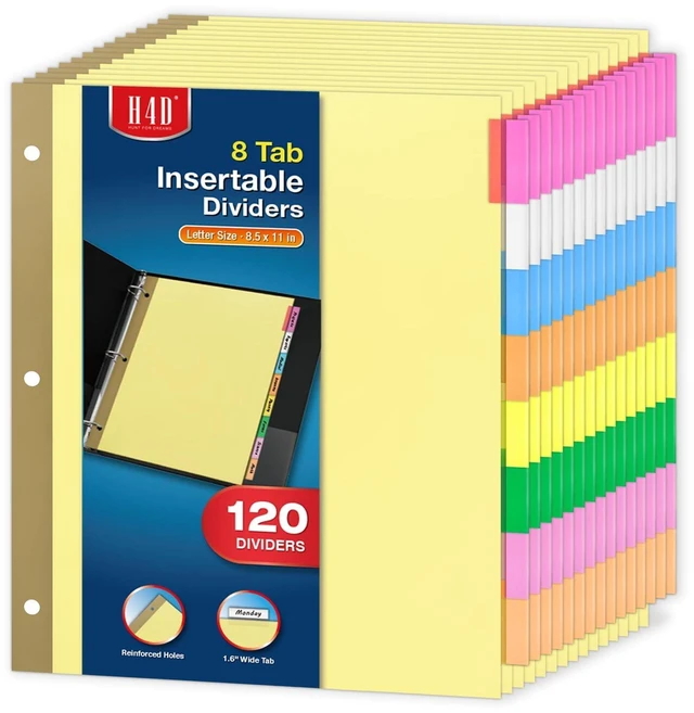 Main image of 120 Pack Insertable Binder Dividers with 8 Tabs for 3-Ring Binder Multicolor Tab Dividers, Letter Size, Gold-Reinforced Holes, Bulk Pack, Buff Paper, 8-Tab Set, Fits School Office Home