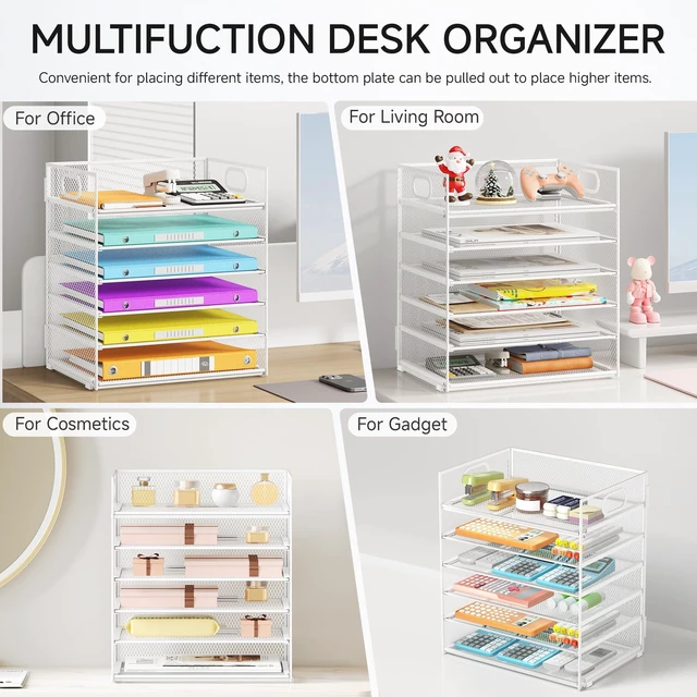 Alt view image 5 of 6 - 6 Tray Paper Organizer Letter Tray with Handle - Mesh Desk File Organizer, Paper Sorter Organizer for Office, Home or School File Folder Holder - White