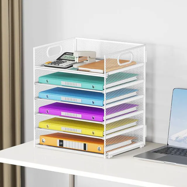 Alt view image 6 of 6 - 6 Tray Paper Organizer Letter Tray with Handle - Mesh Desk File Organizer, Paper Sorter Organizer for Office, Home or School File Folder Holder - White