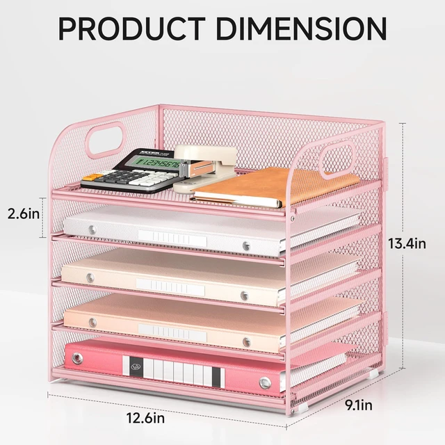 Alt view image 2 of 6 - 5 Tray Paper Organizer Letter Tray with Handle - Mesh Desk File Organizer, Paper Sorter Organizer for Office, Home or School File Folder Holder - Pink