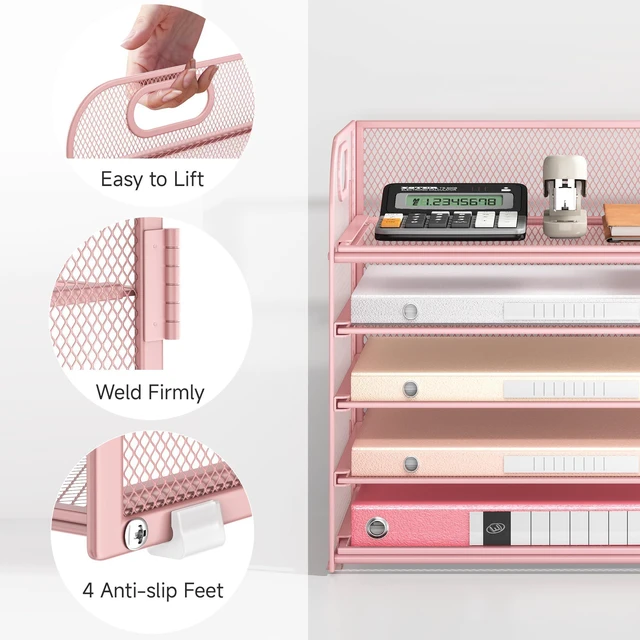 Alt view image 3 of 6 - 5 Tray Paper Organizer Letter Tray with Handle - Mesh Desk File Organizer, Paper Sorter Organizer for Office, Home or School File Folder Holder - Pink