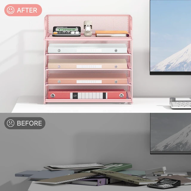 Alt view image 4 of 6 - 5 Tray Paper Organizer Letter Tray with Handle - Mesh Desk File Organizer, Paper Sorter Organizer for Office, Home or School File Folder Holder - Pink