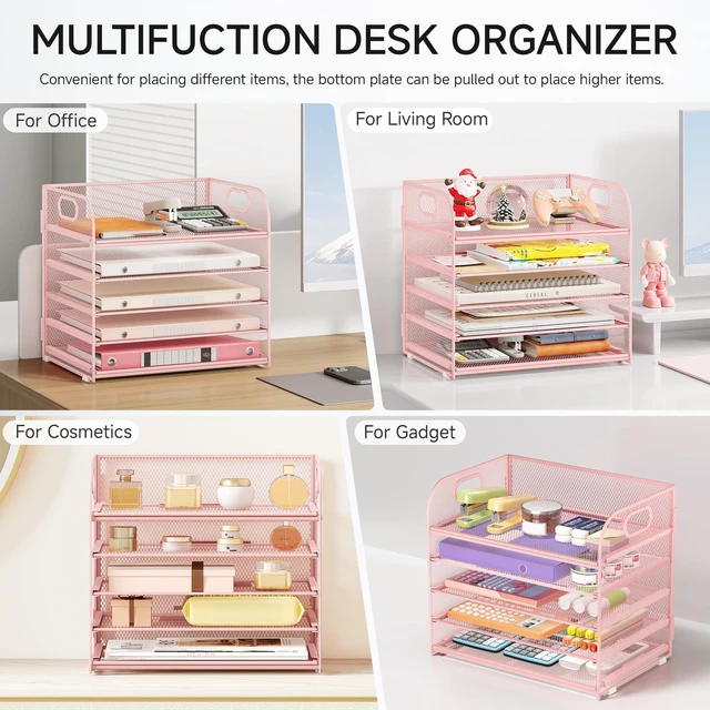 Alt view image 5 of 6 - 5 Tray Paper Organizer Letter Tray with Handle - Mesh Desk File Organizer, Paper Sorter Organizer for Office, Home or School File Folder Holder - Pink