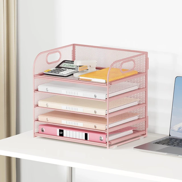 Alt view image 6 of 6 - 5 Tray Paper Organizer Letter Tray with Handle - Mesh Desk File Organizer, Paper Sorter Organizer for Office, Home or School File Folder Holder - Pink