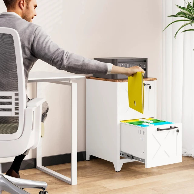 Alt view image 2 of 7 - File Cabinet with Lock Vertical Filing Storage Cabinet Office Home Steel for Letter Size File Cabinet Locked,Assembly Required (White, 2 Drawers-Metal Leg/Wood Top)