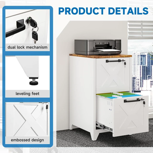 Alt view image 5 of 7 - File Cabinet with Lock Vertical Filing Storage Cabinet Office Home Steel for Letter Size File Cabinet Locked,Assembly Required (White, 2 Drawers-Metal Leg/Wood Top)