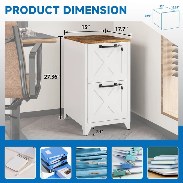 Alt view image 3 of 7 - File Cabinet with Lock Vertical Filing Storage Cabinet Office Home Steel for Letter Size File Cabinet Locked,Assembly Required (White, 2 Drawers-Metal Leg/Wood Top)