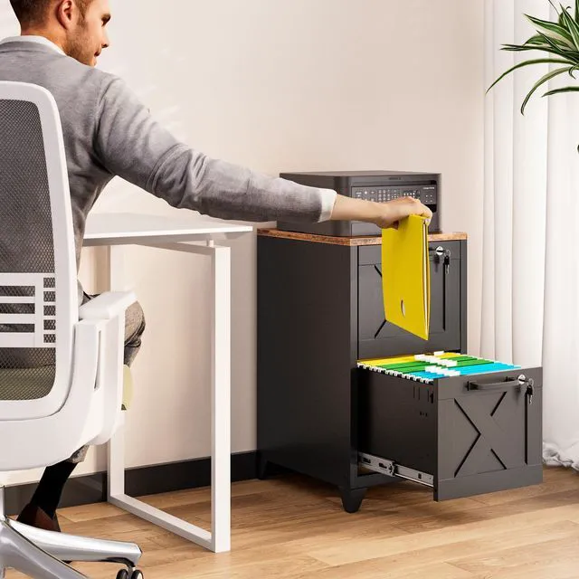Alt view image 2 of 7 - File Cabinet with Lock Vertical Filing Storage Cabinet Office Home Steel for Letter Size File Cabinet Locked,Assembly Required (Black, 2 Drawers-Metal Leg/Wood Top)