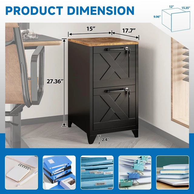 Alt view image 3 of 7 - File Cabinet with Lock Vertical Filing Storage Cabinet Office Home Steel for Letter Size File Cabinet Locked,Assembly Required (Black, 2 Drawers-Metal Leg/Wood Top)