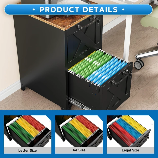 Alt view image 4 of 7 - File Cabinet with Lock Vertical Filing Storage Cabinet Office Home Steel for Letter Size File Cabinet Locked,Assembly Required (Black, 2 Drawers-Metal Leg/Wood Top)
