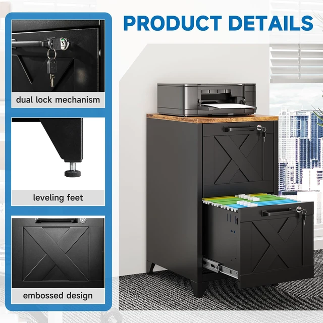Alt view image 5 of 7 - File Cabinet with Lock Vertical Filing Storage Cabinet Office Home Steel for Letter Size File Cabinet Locked,Assembly Required (Black, 2 Drawers-Metal Leg/Wood Top)