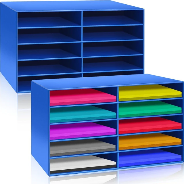 Main image of 2 Pcs Construction Paper Storage, 10 Slots, Blue Classroom Mailboxe, Back to School Literature Sorter, Sturdy Cardboard Paper Organizer for Teacher, Student, Office
