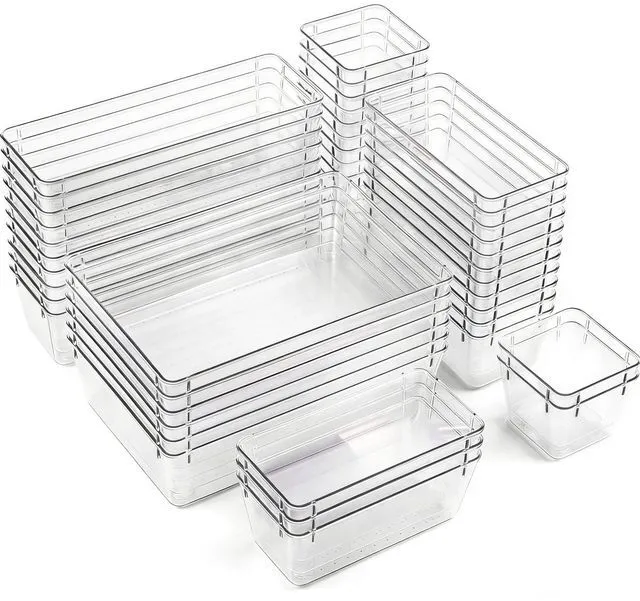 Main image of Clear Acrylic Drawer Organizer Trays, 5 Size Junk Box Organization Small Storage Container Bin for Desk Makeup Bathroom Vanity Kitchen Tool Make Up Workspace Home Dorm Apartment Office Room Nightstand