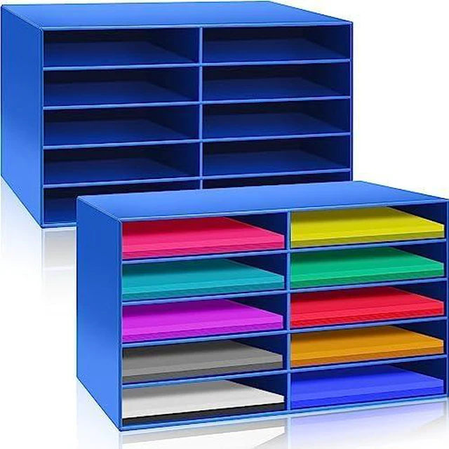 Alt view image 4 of 7 - 2 Pcs Construction Paper Storage, 10 Slots, Blue Classroom Mailboxe, Back to School Literature Sorter, Sturdy Cardboard Paper Organizer for Teacher, Student, Office