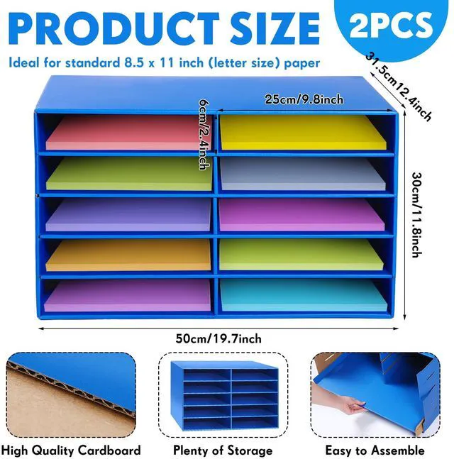 Alt view image 3 of 7 - 2 Pcs Construction Paper Storage, 10 Slots, Blue Classroom Mailboxe, Back to School Literature Sorter, Sturdy Cardboard Paper Organizer for Teacher, Student, Office