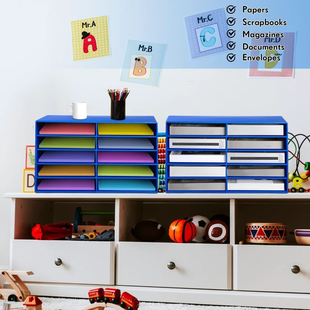 Alt view image 5 of 7 - 2 Pcs Construction Paper Storage, 10 Slots, Blue Classroom Mailboxe, Back to School Literature Sorter, Sturdy Cardboard Paper Organizer for Teacher, Student, Office