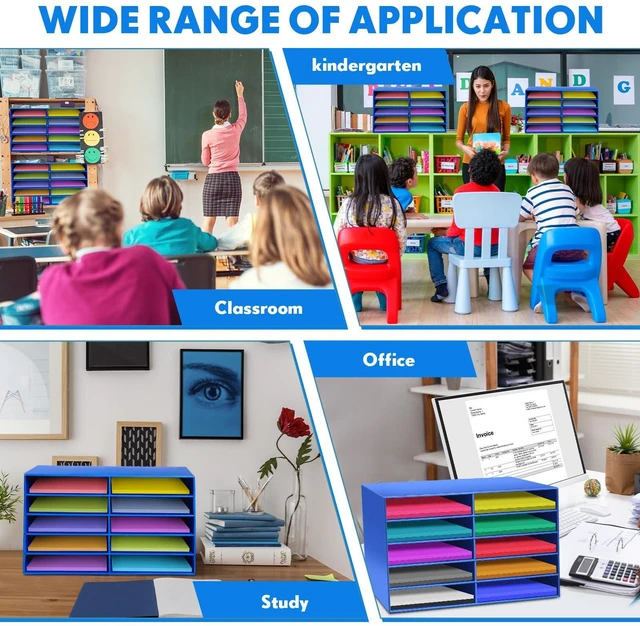 Alt view image 6 of 7 - 2 Pcs Construction Paper Storage, 10 Slots, Blue Classroom Mailboxe, Back to School Literature Sorter, Sturdy Cardboard Paper Organizer for Teacher, Student, Office