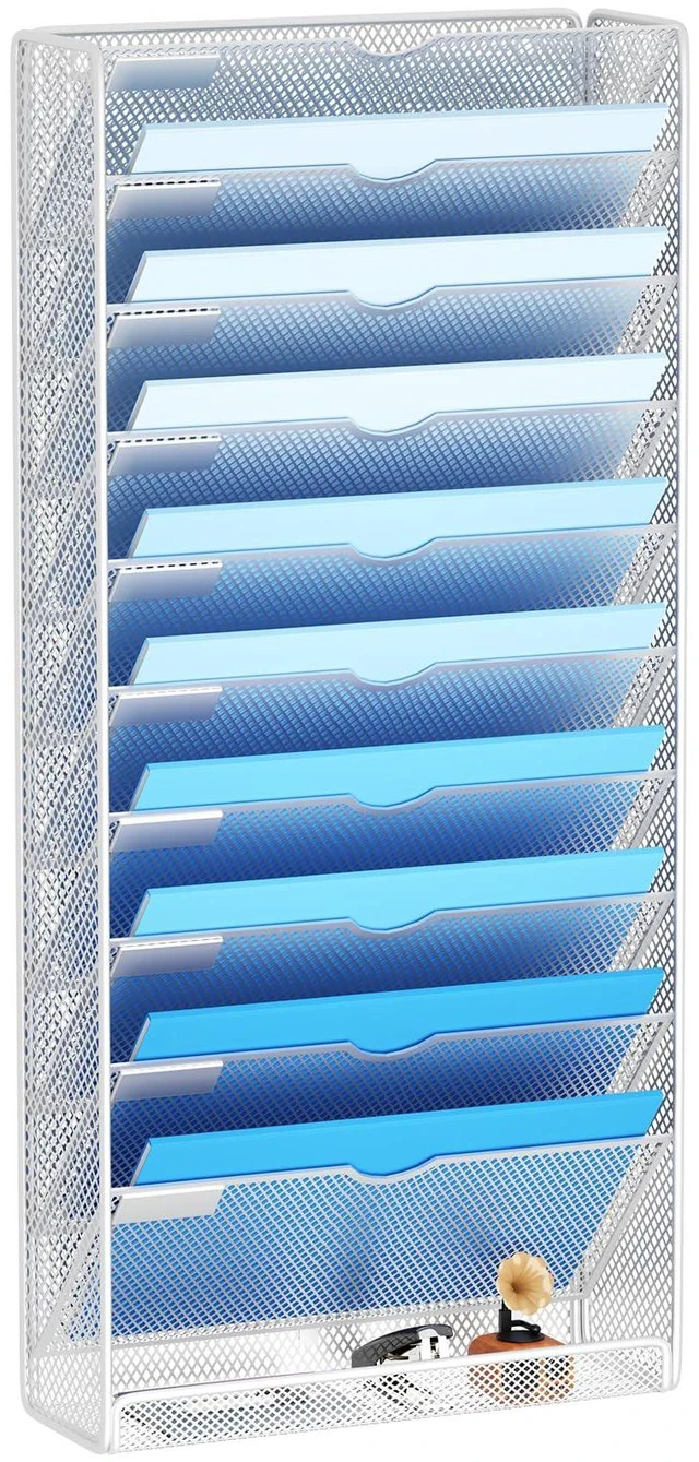 Main image of Hanging Wall File Organizer 10 Tier Wall Mounted File Holder Document Wall Organizer Magazine Organization for Office Home, Silver