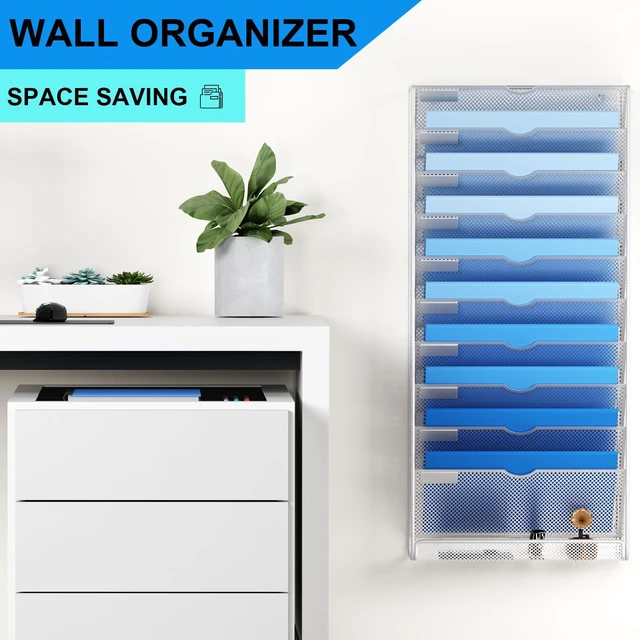 Alt view image 2 of 7 - Hanging Wall File Organizer 10 Tier Wall Mounted File Holder Document Wall Organizer Magazine Organization for Office Home, Silver