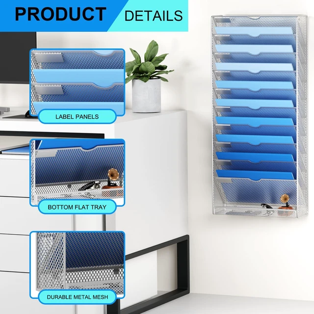 Alt view image 4 of 7 - Hanging Wall File Organizer 10 Tier Wall Mounted File Holder Document Wall Organizer Magazine Organization for Office Home, Silver