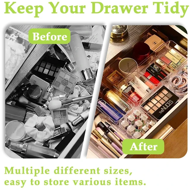 Alt view image 2 of 6 - Clear Acrylic Drawer Organizer Trays, 5 Size Junk Box Organization Small Storage Container Bin for Desk Makeup Bathroom Vanity Kitchen Tool Make Up Workspace Home Dorm Apartment Office Room Nightstand
