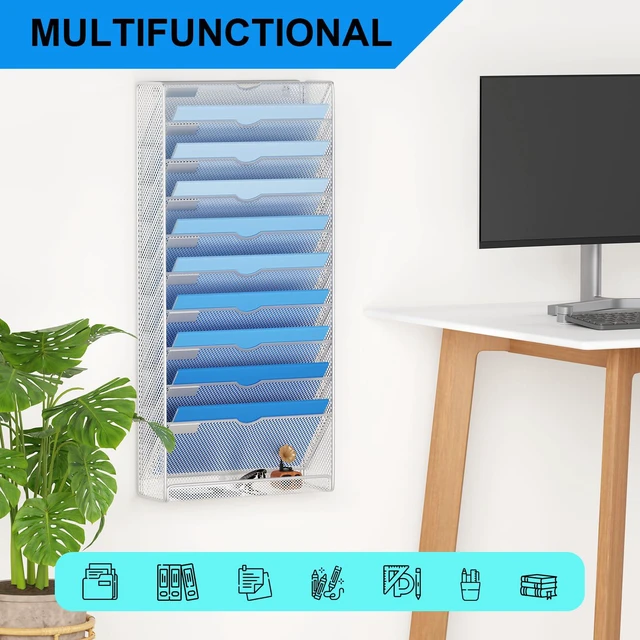Alt view image 6 of 7 - Hanging Wall File Organizer 10 Tier Wall Mounted File Holder Document Wall Organizer Magazine Organization for Office Home, Silver