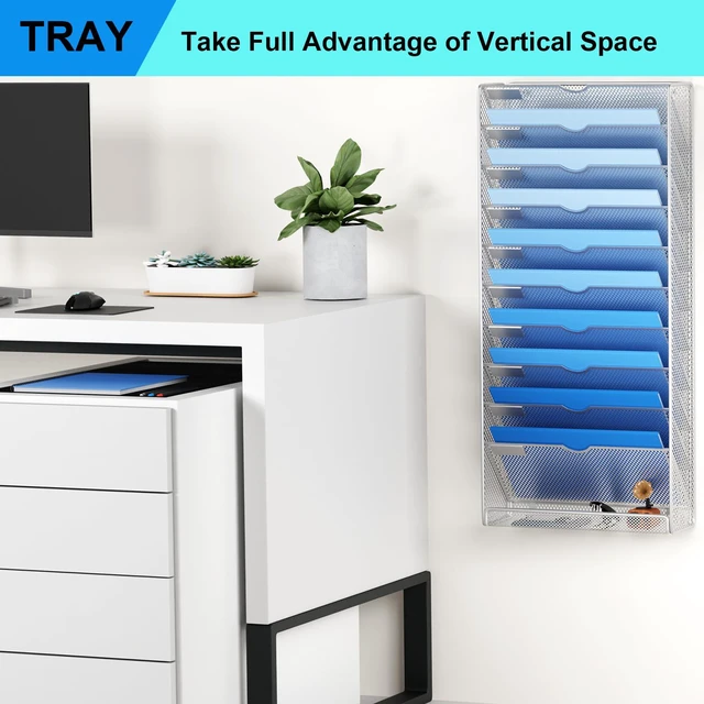 Alt view image 7 of 7 - Hanging Wall File Organizer 10 Tier Wall Mounted File Holder Document Wall Organizer Magazine Organization for Office Home, Silver
