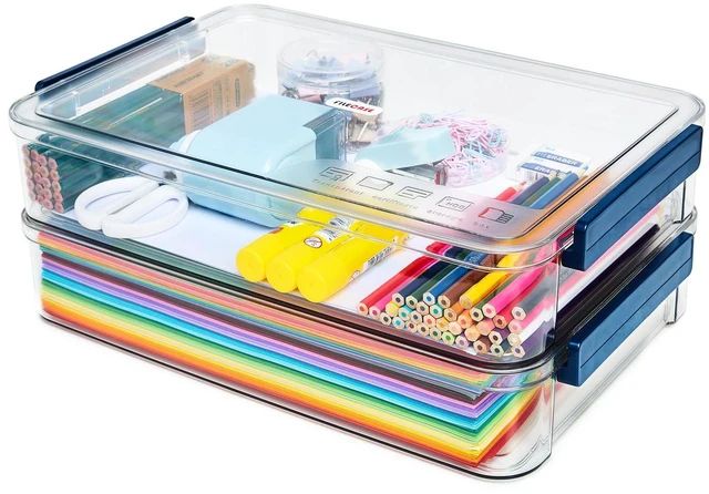 Main image of 2-Pack 9x13 Clear Plastic Project Case Stackable Storage Box 5.5Qt container with snap-tight latch, organizer for A4 files, photos, documents, scrapbooking, craft and art supplies