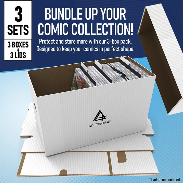 Alt view image 3 of 7 - Premium Short Comic Book Storage Box Organizer with Lid | Thick Cardboard Comic Storage Box For Collectibles Fits 150-175 Current/Silver Age, Heavy Duty & Stackable