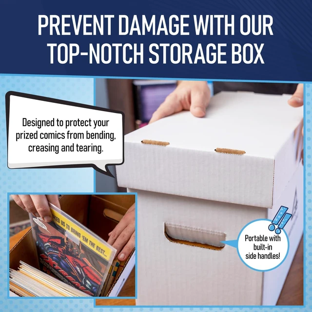 Alt view image 6 of 7 - Premium Short Comic Book Storage Box Organizer with Lid | Thick Cardboard Comic Storage Box For Collectibles Fits 150-175 Current/Silver Age, Heavy Duty & Stackable