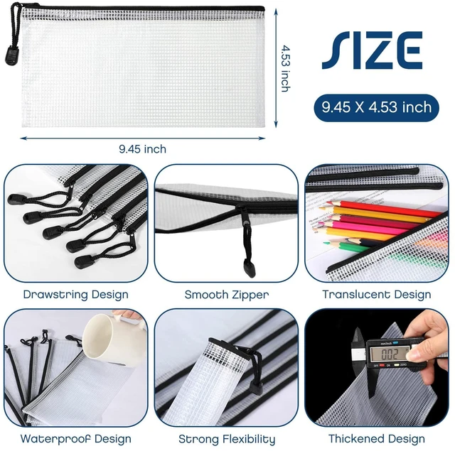 Alt view image 2 of 7 - 200 Pcs A6 Mesh Zipper Pouches Bulk 9.4"x4.5",Black and White Waterproof Pencil Bags for Office Supplies, Transparent Design for Stationery Storage, Organizers for Cosmetics Travel