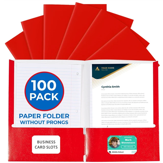 Main image of 100 Pack Red 2 Pocket Paper Folders. Heavy Duty, Bulk Folders with Pockets and Business Card Slots. Colored Letter Size Document Organizers. Durable Portfolio for School, College, Office Files