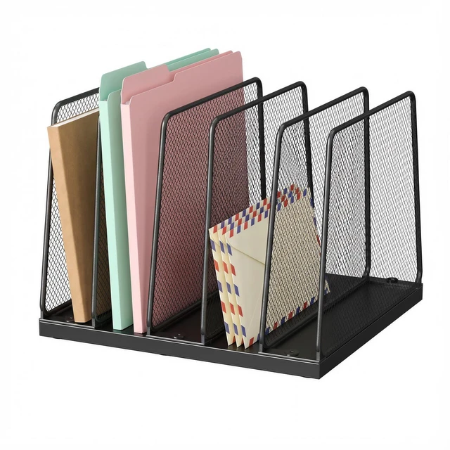 Main image of Desk File Organizer, 5-Section Upright File Sorter, Vertical File Folder Holder, Mesh Metal Wood Office Desktop Organization for Document, Magazine, Books and more (Black)