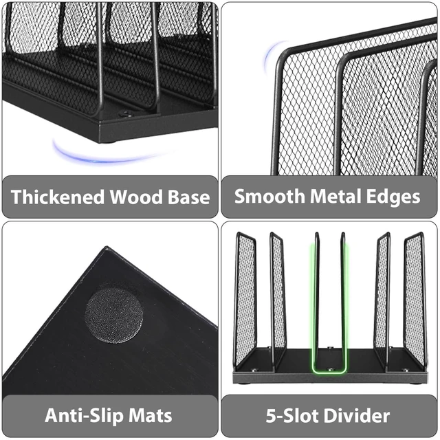 Alt view image 5 of 6 - Desk File Organizer, 5-Section Upright File Sorter, Vertical File Folder Holder, Mesh Metal Wood Office Desktop Organization for Document, Magazine, Books and more (Black)