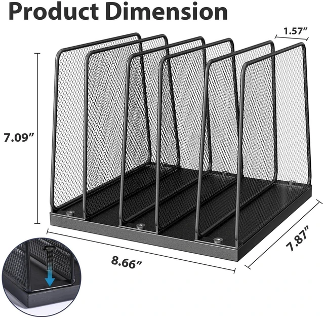 Alt view image 6 of 6 - Desk File Organizer, 5-Section Upright File Sorter, Vertical File Folder Holder, Mesh Metal Wood Office Desktop Organization for Document, Magazine, Books and more (Black)