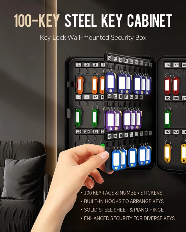 Alt view image 4 of 7 - 100 Position Key Cabinet with Key Lock Wall Mounted Black Security Storage Box Steel Key Organizer with Colorful Key Tag Labels Stickers and Hooks