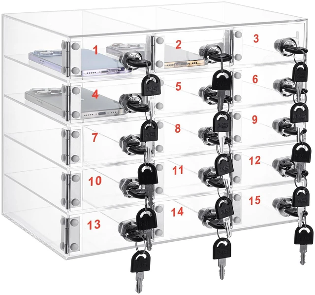 Main image of Cell Phone Locker Box for Classroom, Back to School, Clear, 15 Slots Clear Acrylic Cell Phone Storage Cabinet Bin with Door Locks for Classroom School Students Office Factory Employees