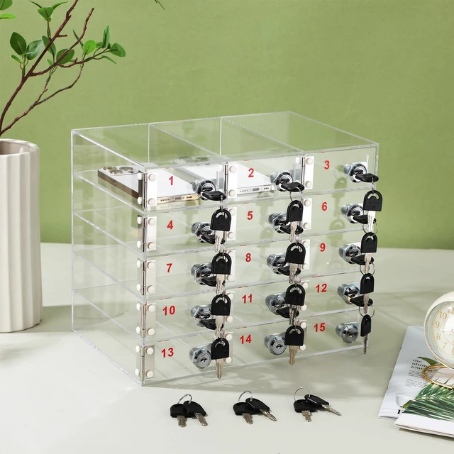 Alt view image 2 of 6 - Cell Phone Locker Box for Classroom, Back to School, Clear, 15 Slots Clear Acrylic Cell Phone Storage Cabinet Bin with Door Locks for Classroom School Students Office Factory Employees