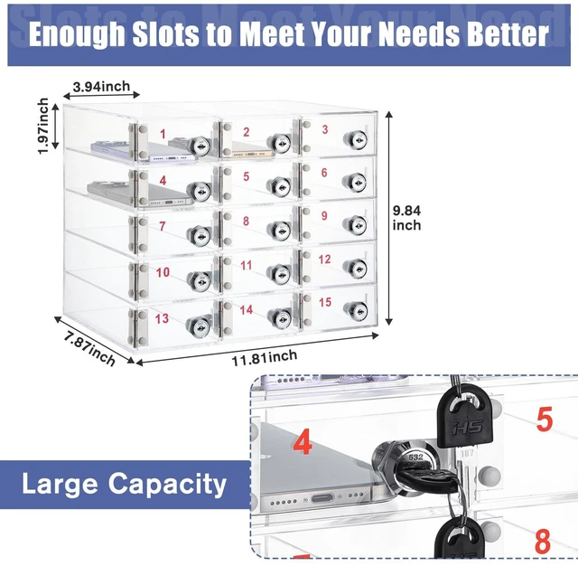 Alt view image 3 of 6 - Cell Phone Locker Box for Classroom, Back to School, Clear, 15 Slots Clear Acrylic Cell Phone Storage Cabinet Bin with Door Locks for Classroom School Students Office Factory Employees