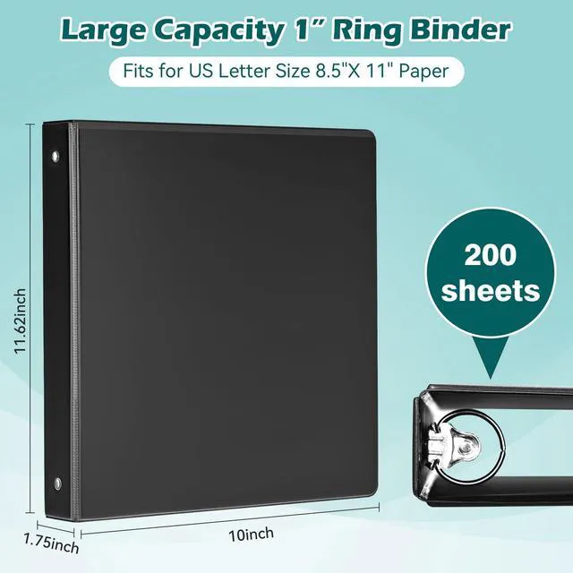 Alt view image 2 of 7 - 3 Ring Binder 1 Inch 12 Pack, 1" Clear View Round-Ring-Binder, PVC-Free,Holds for 200 Sheets 8.5" x 11" US Letter Size Paper, Durable Black Binders Perfect for Office,School and Home