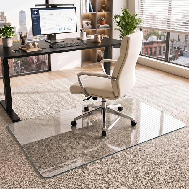Alt view image 2 of 7 - 30"x48" Tempered Glass Office Chair Mat for Carpet & Hardwood Floor 1/5" Thick Clear Floor Protector Desk Chair Mat with Rounded and Polished Edges, Resist Scratching, Cracking, Curling
